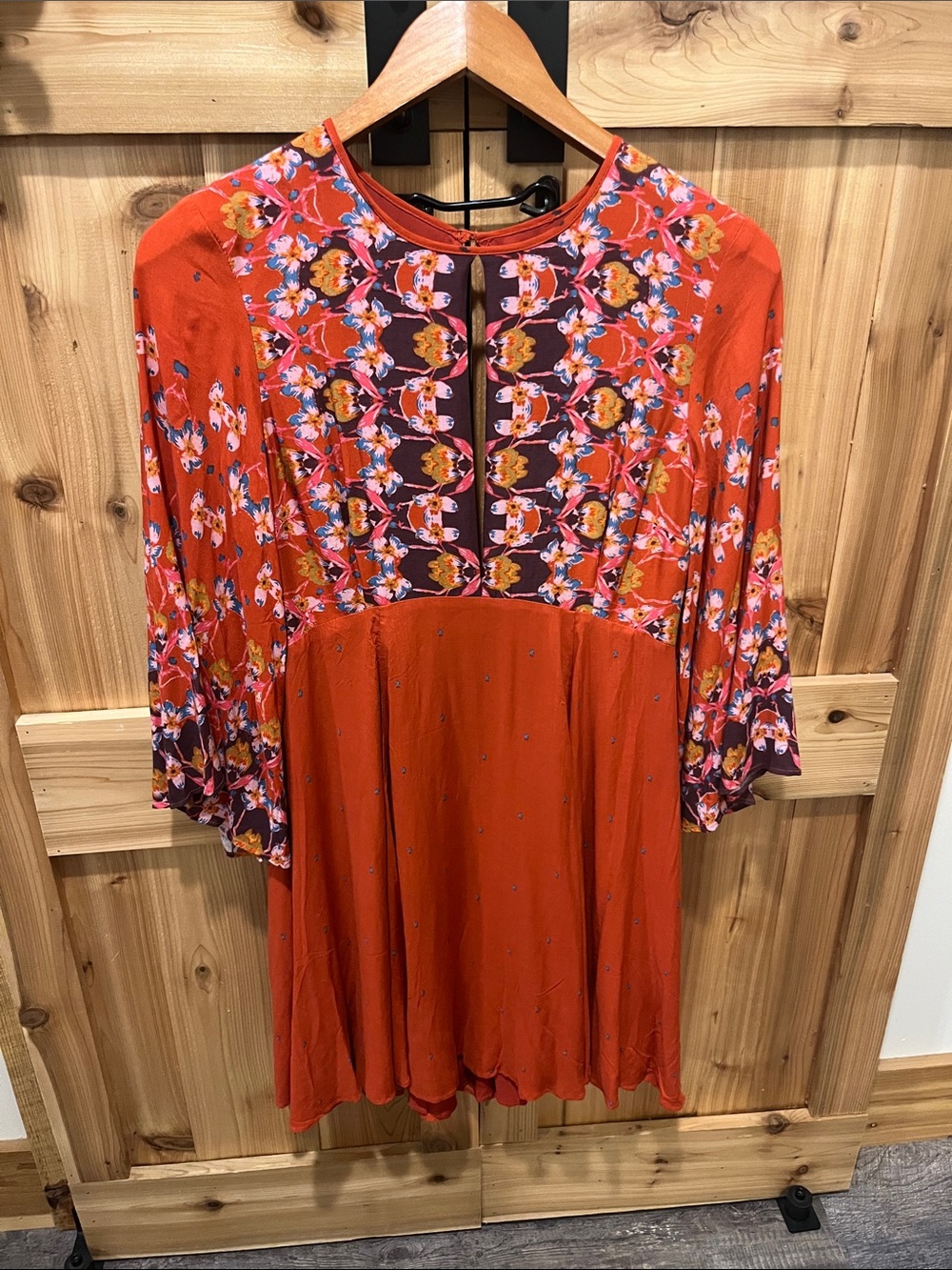 Ecote /Urban Outfitters Burnt Orange Floral-Panel Midi Dress w/ Multicolor Print